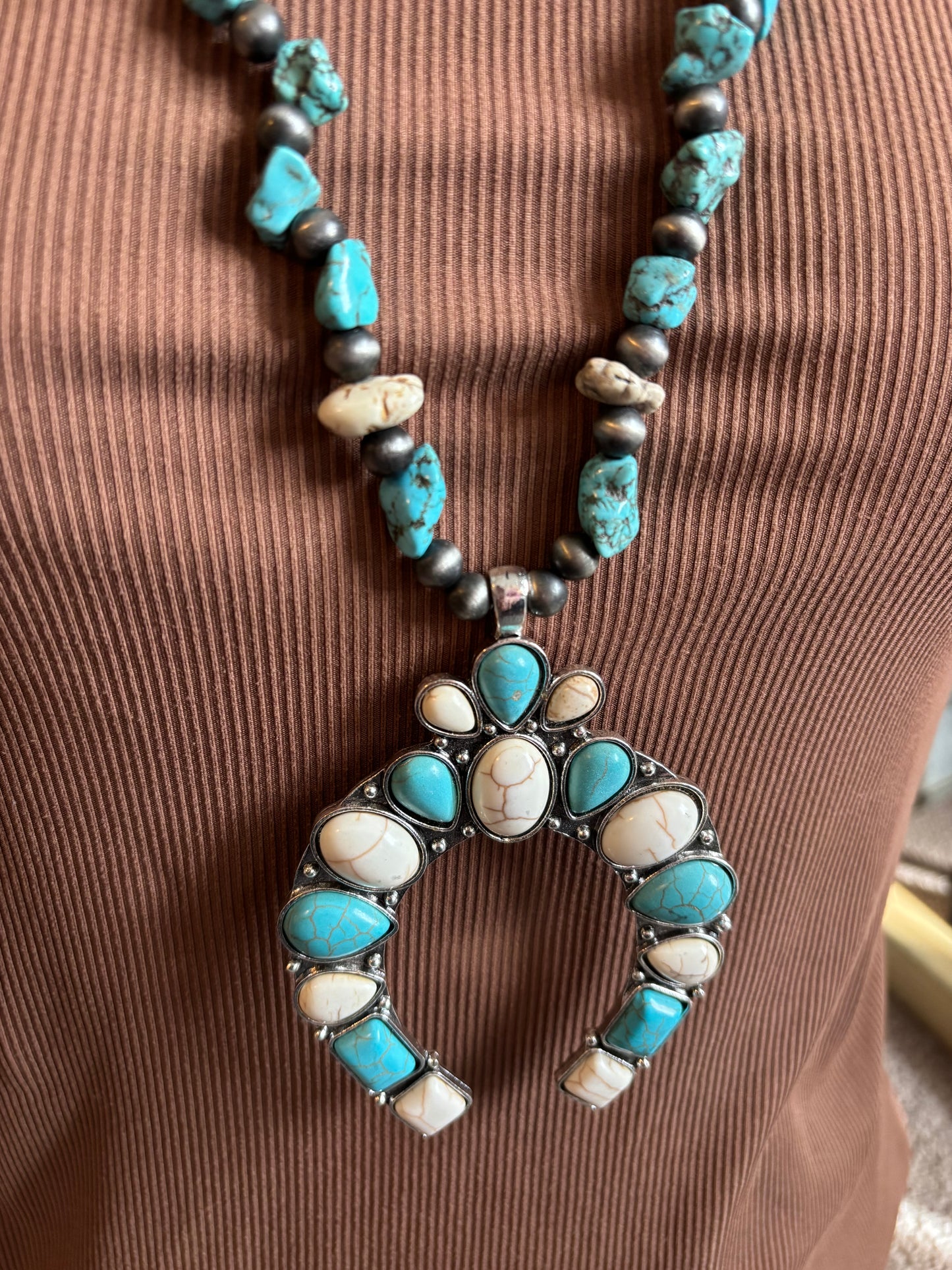 Sticks & Stones Turquoise and White Howlite Squash Blossom Necklace