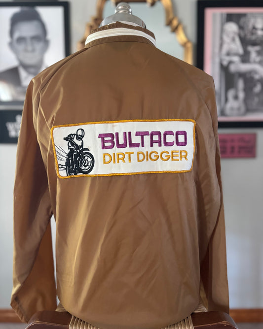 Vintage 1970s Bultaco Dirt Digger Patch Mens Medium Sears Nylon Motocross Racing Windbreaker Made in Japan Brown White Zip Motorcycle