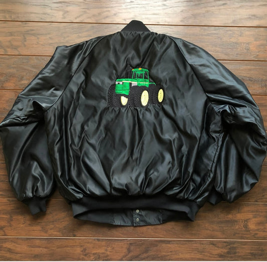 Vintage 90s Butwin Satin Bomber Jacket | Made in USA | Tractor Embroidery | Farm Ag Jacket