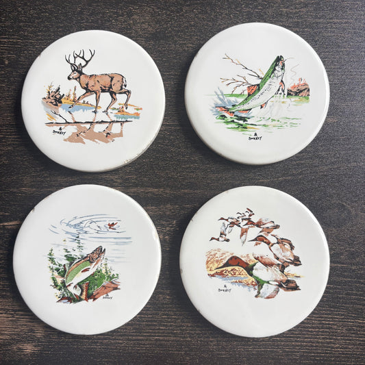 Vintage Fred Sweney Wildlife Ceramic Cork Coasters Set of 4 | Deer, Trout & Mallard Duck Cabin Lodge Decor | Made in USA