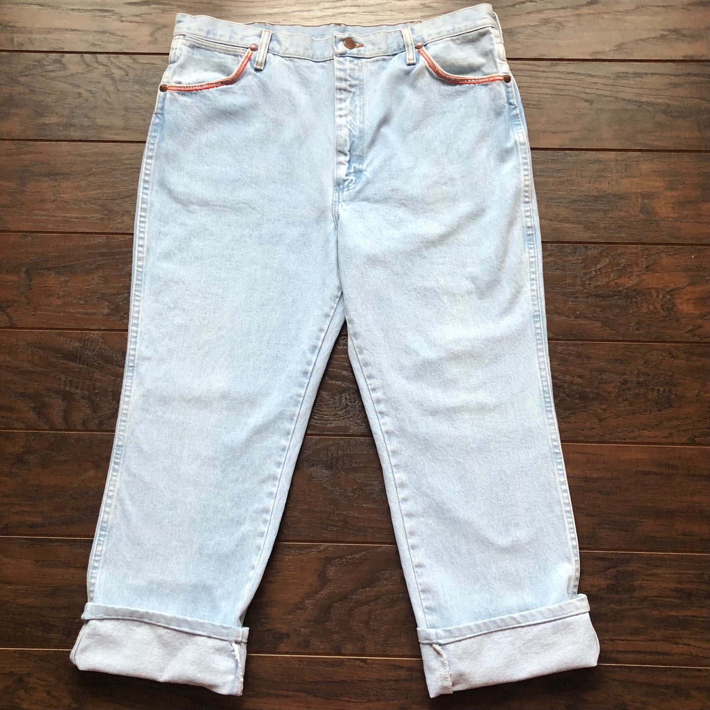 80’s Vintage Western Wrangler Light Wash Jeans with A Pop of Color Embroidery | Made in USA