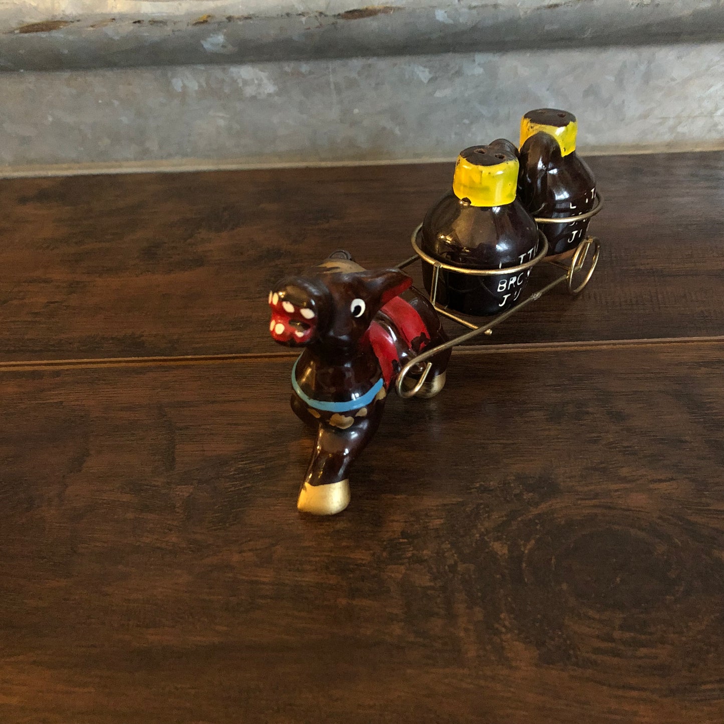 Mid Century Modern Ceramic Donkey with Cart and Little Brown Jugs Salt and Pepper Shakers | Made in Japan