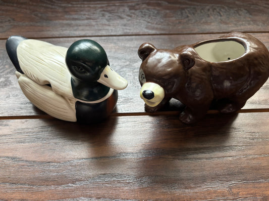 Vintage Sakura Northwoods Duck Sugar Bowl & Bear Creamer Set | David Carter Brown | Woodland Cabin Kitchen Decor