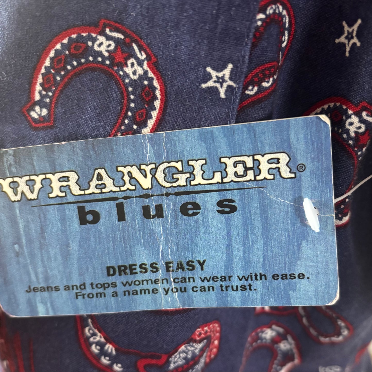 Vintage NWT Wrangler Blues Western Snap Shirt Women’s Large Cowboy Hat Horseshoe Print