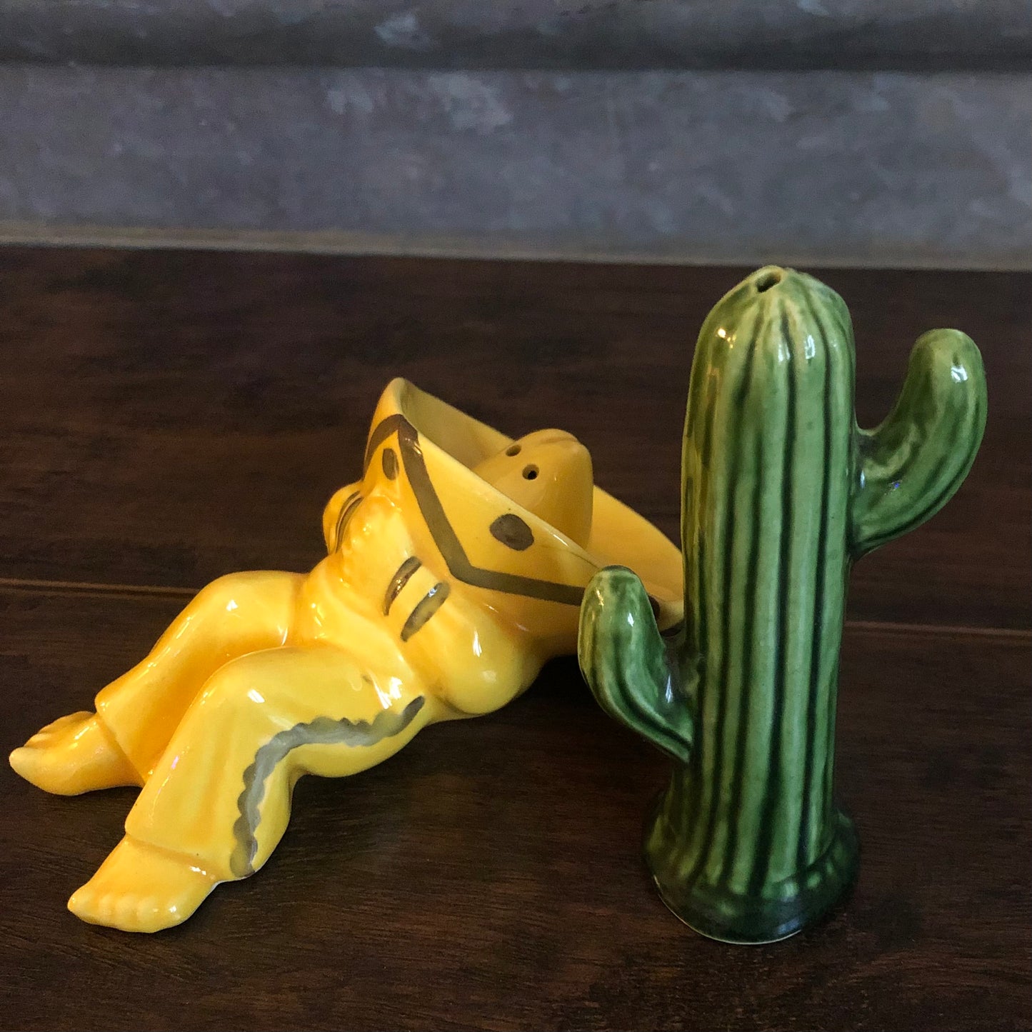 Vintage Southwestern Sleeping Siesta Man and Cactus Salt & Pepper Shakers