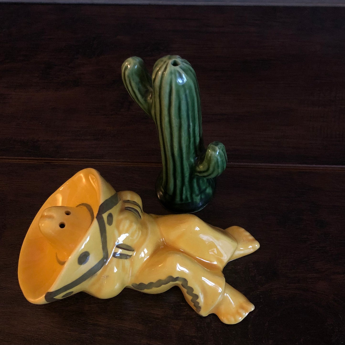 Vintage Southwestern Sleeping Siesta Man and Cactus Salt & Pepper Shakers