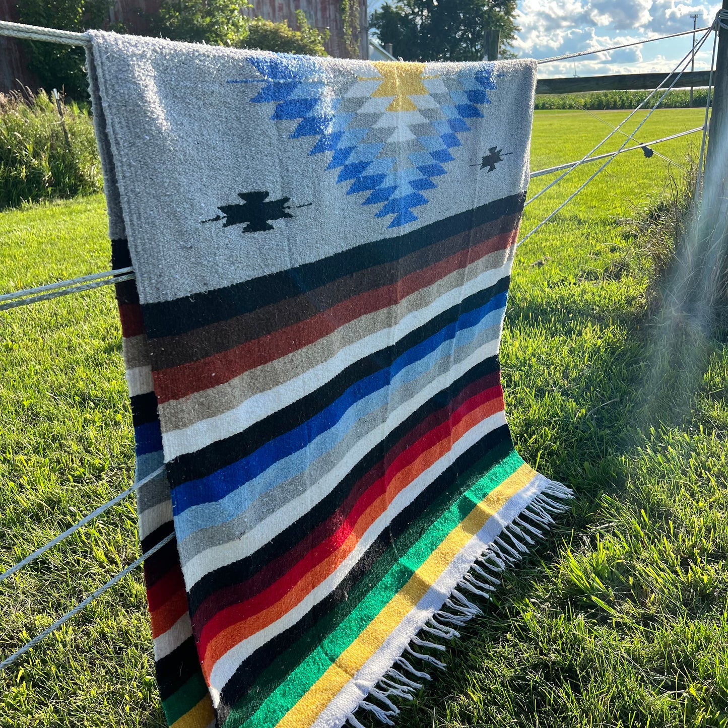Vintage Beautiful and Vibrant Mexican Diamond Serape Blanket/Rug Woven Wool with Fringe