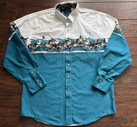 Vintage 90s Roper Western Pearl Snap Shirt | Horse Print | Teal and White | XL