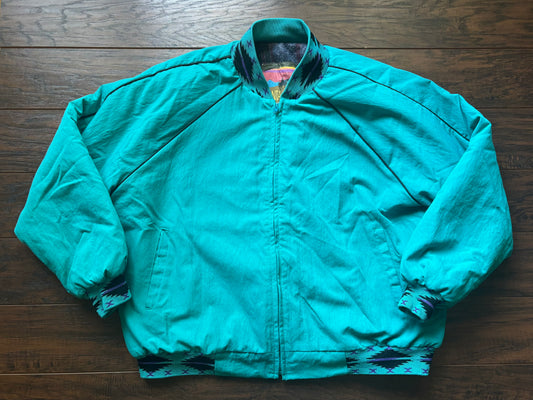 Vintage 90s Santa Fe Trail Southwestern Bomber Jacket XL Made USA Aztec Blanket Lined Teal Western Ranch Coat
