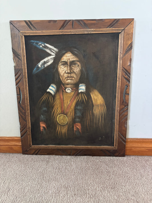 Vintage Black Velvet Native American Portrait Painting Carved Wood Frame Mexico