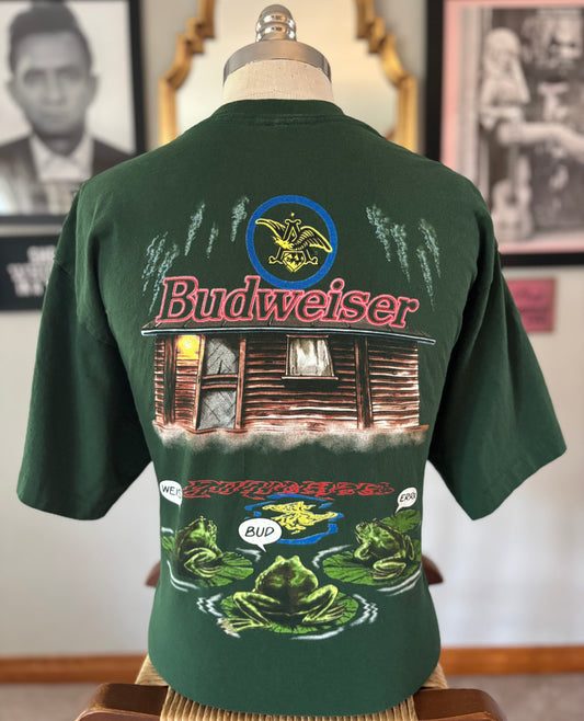 Vintage 90s Budweiser Frogs T-Shirt XL Made in USA Tee Jays Forest Green Beer Promo Graphic Tee Single Stitch Style