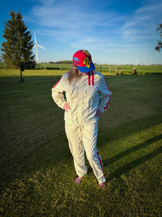 Vintage 70s Racing Suit Set Cream Red Stripe Fire Retardant Worth Racing Jacket Pants Motorsports