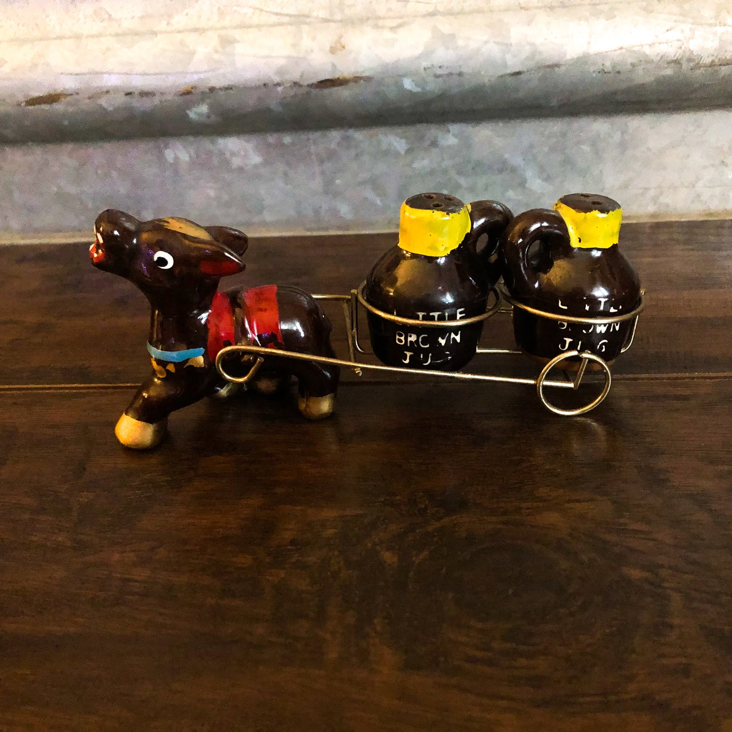 Mid Century Modern Ceramic Donkey with Cart and Little Brown Jugs Salt and Pepper Shakers | Made in Japan