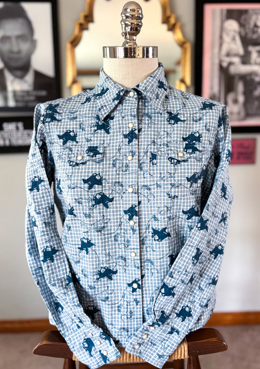 Vintage Women’s Wrangler Blues Western Shirt Horse Print Pearl Snap Blue Gingham