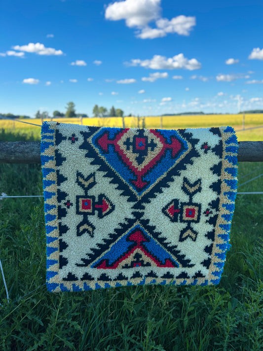 Vintage Southwestern Latch Hook Wall Hanging Rug 58x35 Large Navajo Inspired Fiber Art Western Decor Boho Ranch House Textile