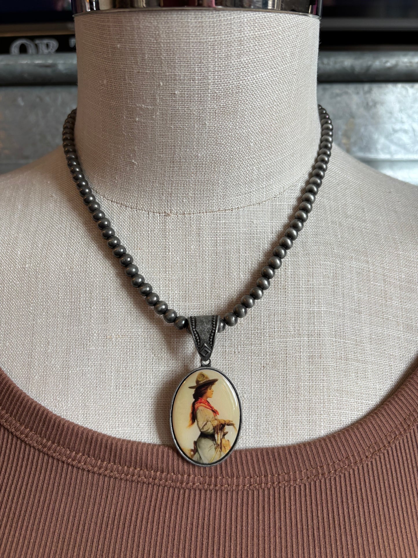 Navajo Pearl Beads with Oval Cowgirl Pendant Necklace