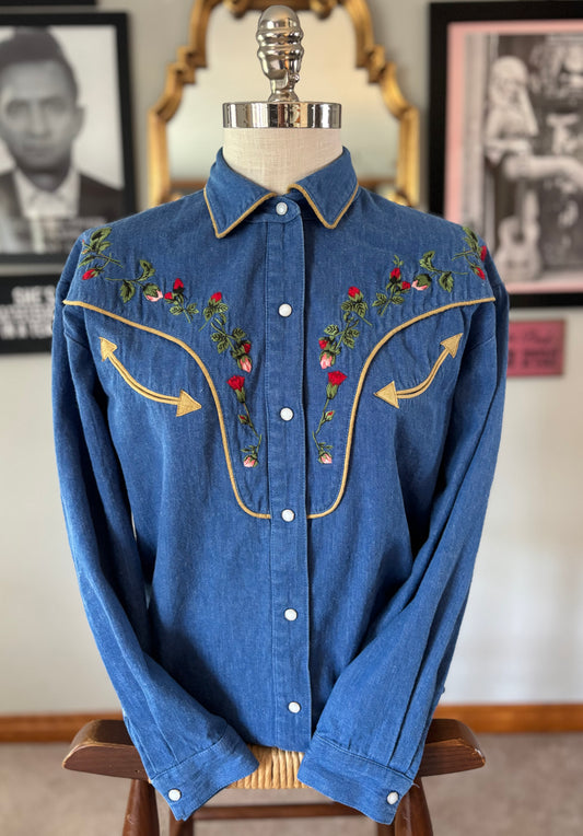 Vintage MGM Embroidered Roses Denim Western Pearl Snap Shirt | Faux Arrow Pockets