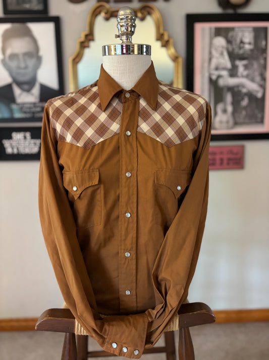 Vintage 1970s Western Pearl Snap Shirt Brown Plaid Yoke Made in Korea Medium Retro Ranchwear