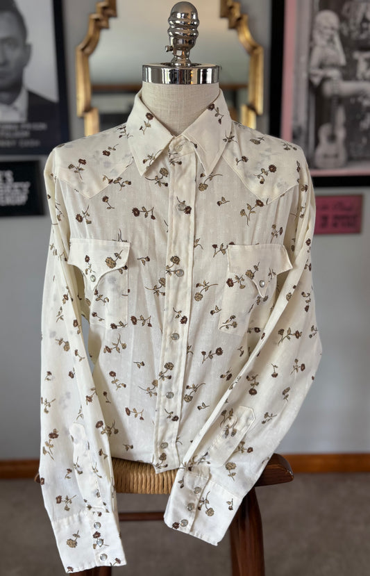 Vintage 1980s Miller Western Wear Floral Pearl Snap Shirt Made in Korea Ivory Country Western Cowboy Size 16.5-34
