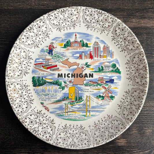 Vintage Michigan Souvenir Plate | Sebring Pottery 22K Gold Trim | Mackinac Bridge Detroit Skyline Greenfield Village | Mid Century
