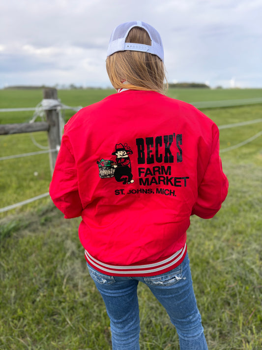 Vintage 80s Beck’s Farm Market Satin Jacket Red Holloway St Johns Michigan Americana Farm Country Snap Front