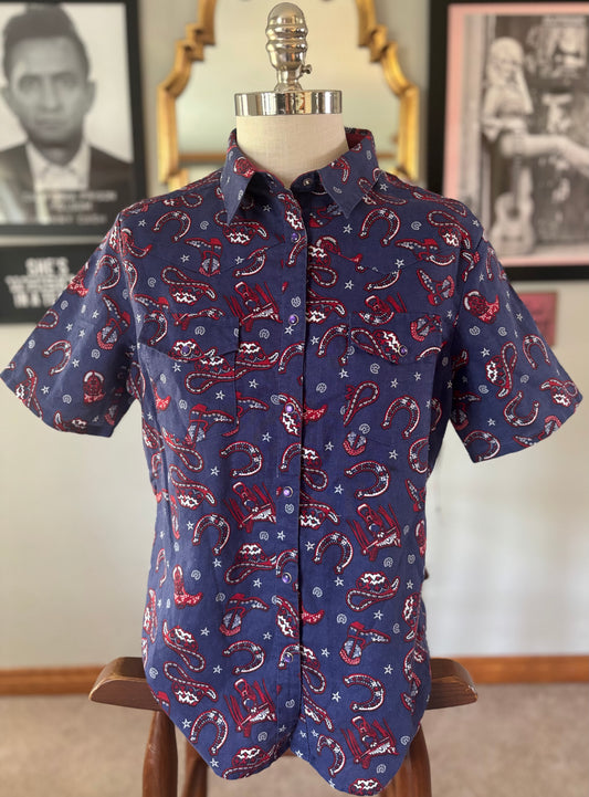 Vintage NWT Wrangler Blues Western Snap Shirt Women’s Large Cowboy Hat Horseshoe Print
