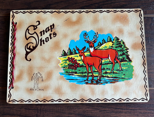 Vintage Iron Mountain Michigan Snap Shots Photo Album | Mid Century Deer Souvenir Scrapbook | Upper Peninsula Travel Memorabilia