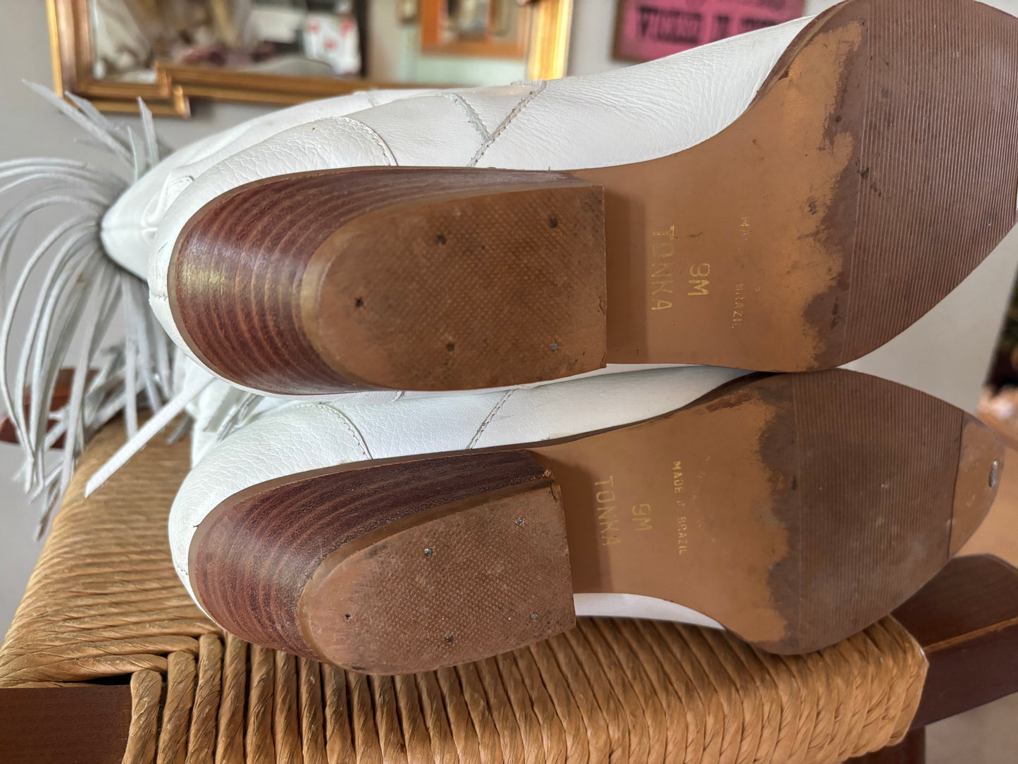 Vintage Tonka by Circle S White Fringe Western Boots | Women’s Leather | Boho Festival Western Bridal Boots