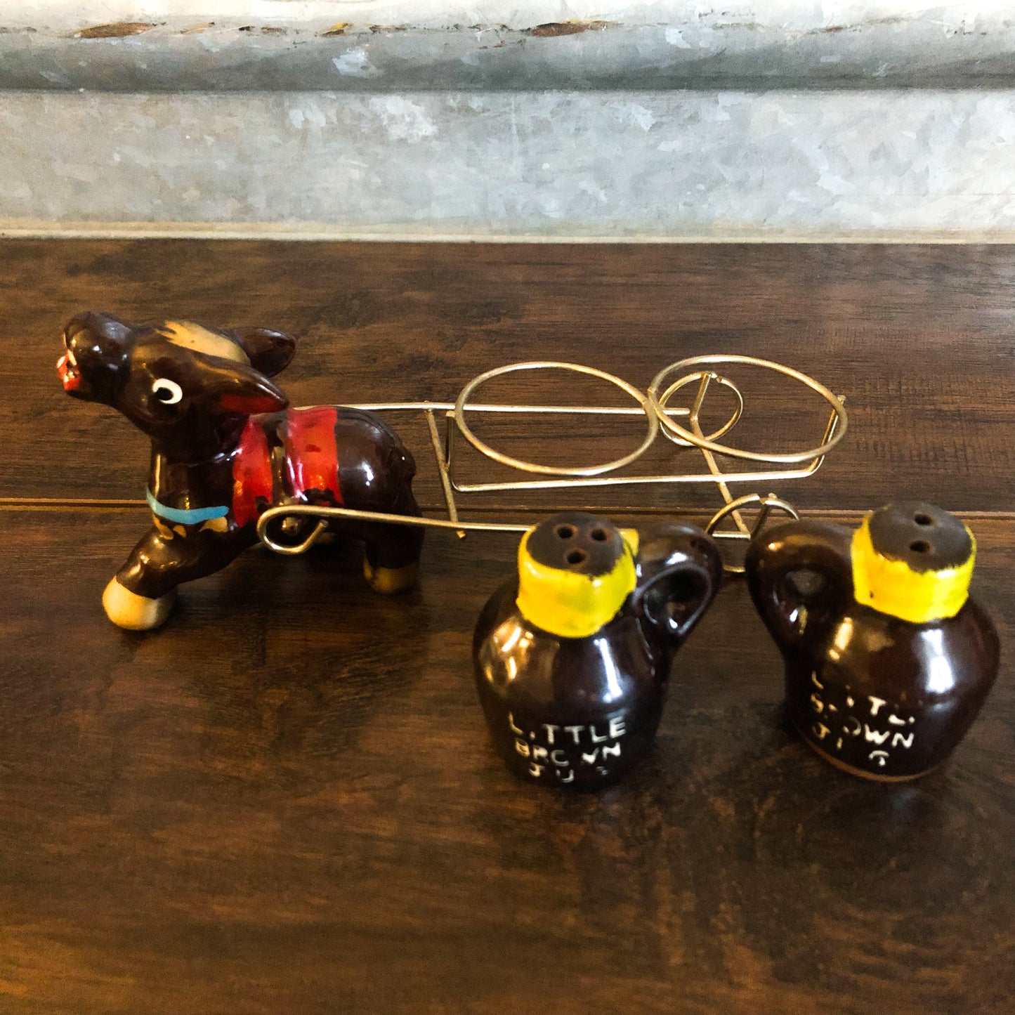 Mid Century Modern Ceramic Donkey with Cart and Little Brown Jugs Salt and Pepper Shakers | Made in Japan