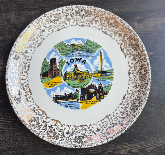 Vintage Iowa Souvenir Plate 1960s Gold Filigree State Landmarks Decorative Collector Plate Mid Century Travel Memorabilia Wall Display