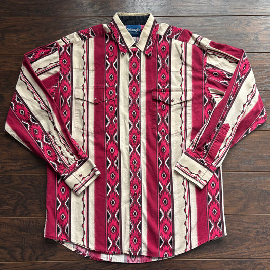 Vintage 90s Wrangler Western Aztec Southwestern Print Pearl Snap Shirt