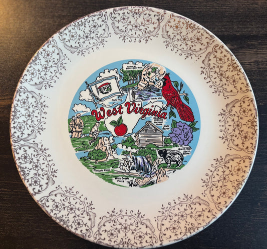 Vintage West Virginia Souvenir Plate State Landmark Plate Cardinal Black Bear Rhododendron Travel Decor