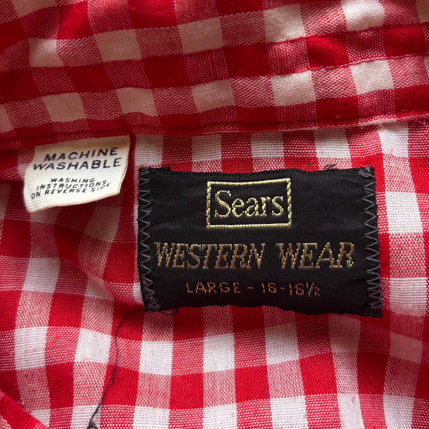 Vintage 70s Sears Western Snap Shirt Red White Gingham Pearl Snap Cowboy Button Up Men’s Large