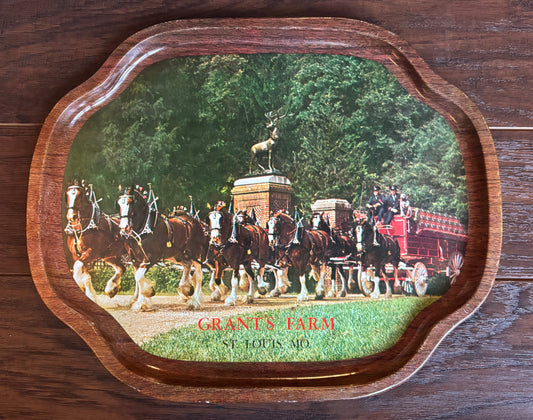Vintage Grant’s Farm Clydesdale Tray | St. Louis Missouri Souvenir | Anheuser Busch Horse Team Decor | Rustic Bar Serving Tray