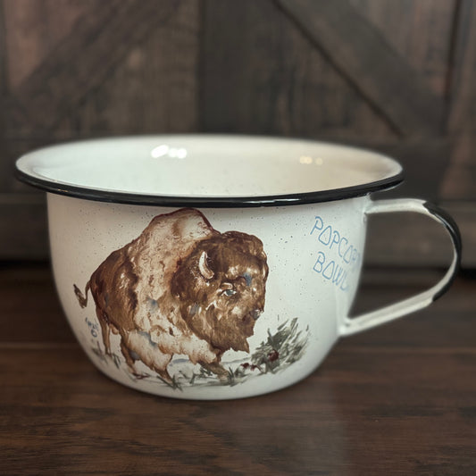 Vintage Daugherty Studio Buffalo Popcorn Bowl Enamelware Rustic Western Lodge Kitchen Decor