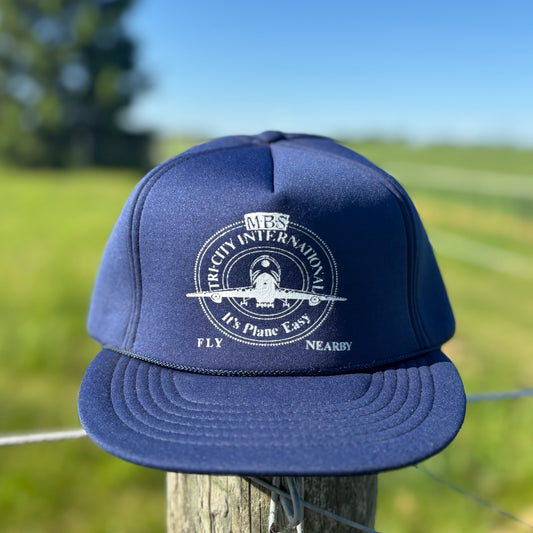 Vintage MBS Tri-City International Aviation Trucker Hat | 80s 90s Foam Snapback Cap | Airline Promo Hat | Navy Blue Pilot Travel Cap