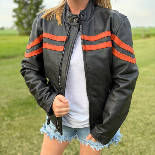 Vintage Women’s Y2K Hot Leathers Black Leather Moto Jacket Orange Racing Stripes