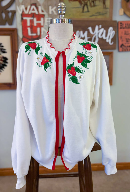 Vintage Cottagecore Strawberry Cardigan Sweatshirt | Hand Painted | Made in USA Jerzees Russell | Prairie Farm Style