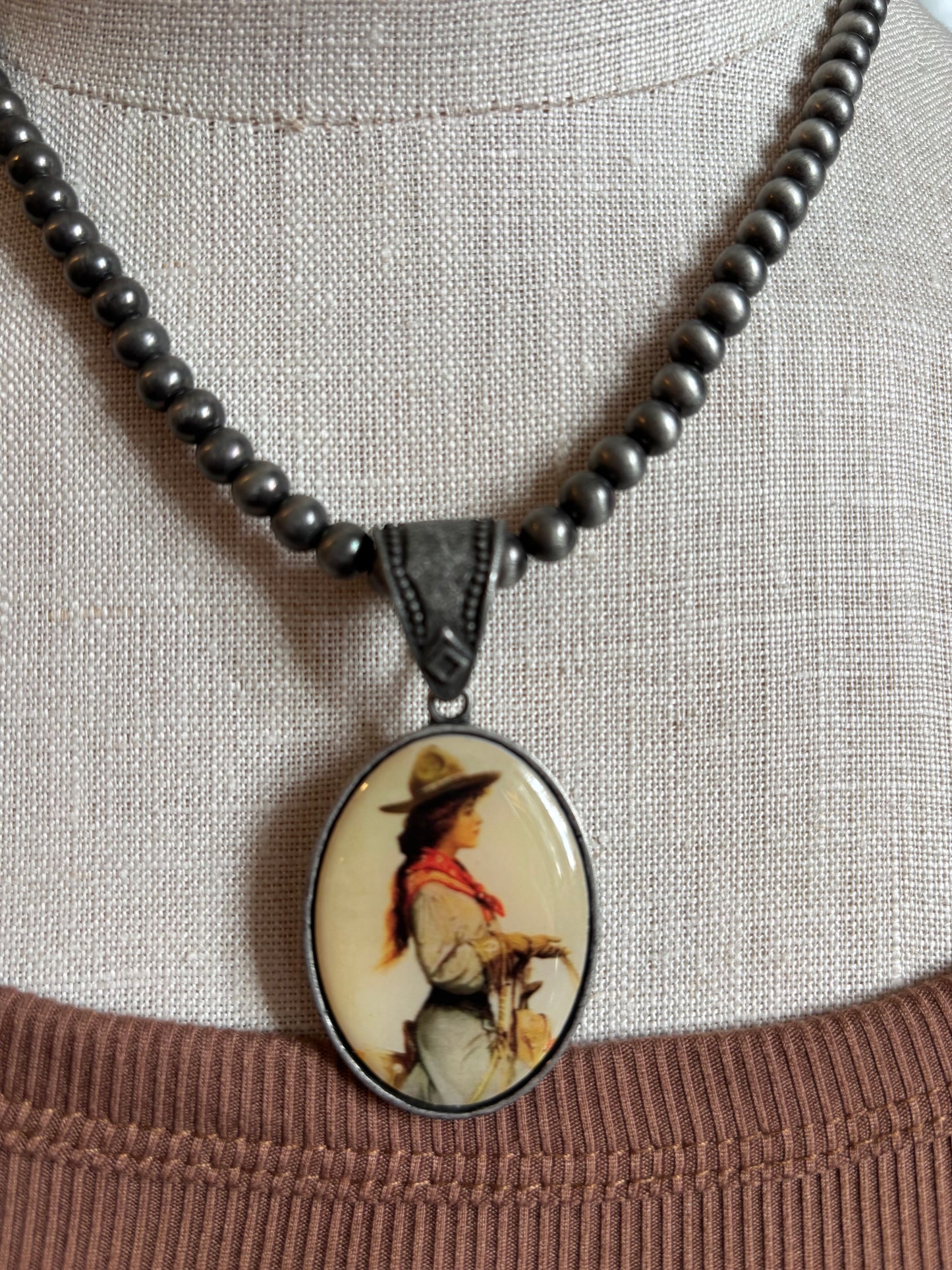 Navajo Pearl Beads with Oval Cowgirl Pendant Necklace