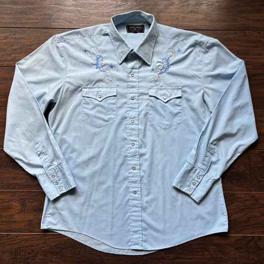 80’s Vintage Western Men’s Border Town Shirt with Embroidered Yokes and Snap Buttons