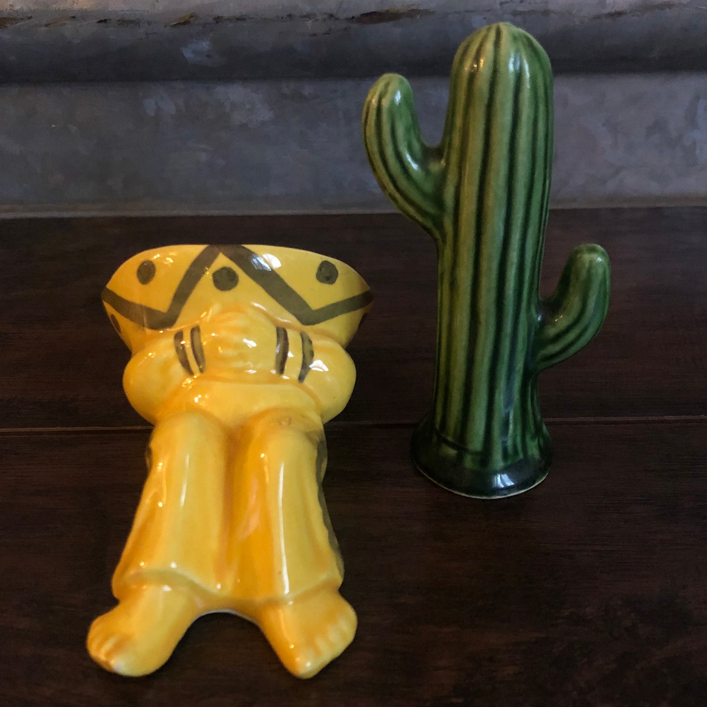 Vintage Southwestern Sleeping Siesta Man and Cactus Salt & Pepper Shakers