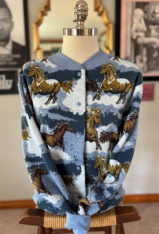 Vintage Blair Horse Print Snap Front Fleece Jacket | 90s Western Equestrian Sweatshirt Cardigan | Running Horses Novelty Print | Women’s Med