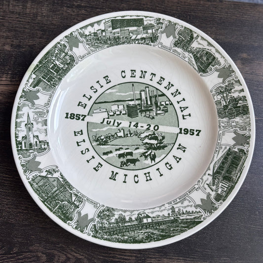 Vintage 1957 Elsie Michigan Centennial Commemorative Plate | Green Transferware Historical Souvenir Dish | Mid Century Michigan Memorabilia