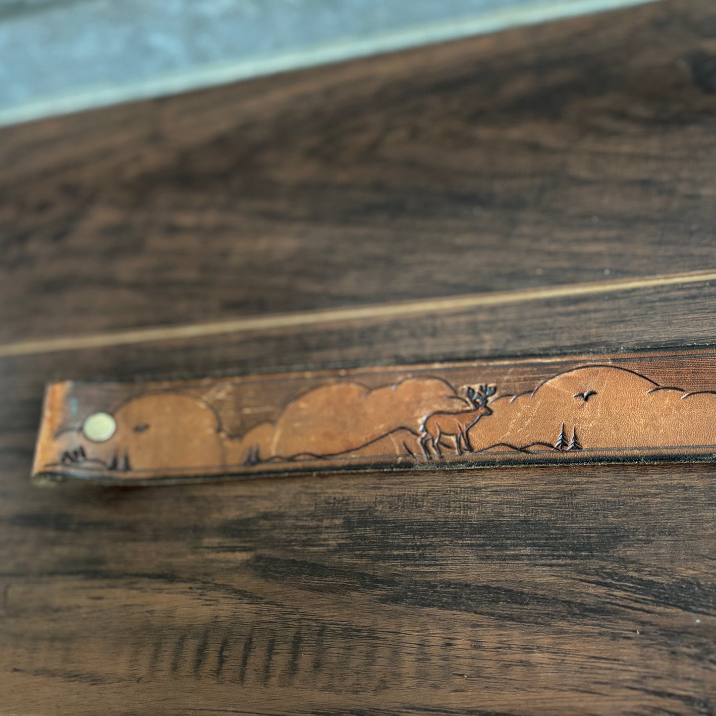 Vintage Western Tooled Leather Belt with Deer