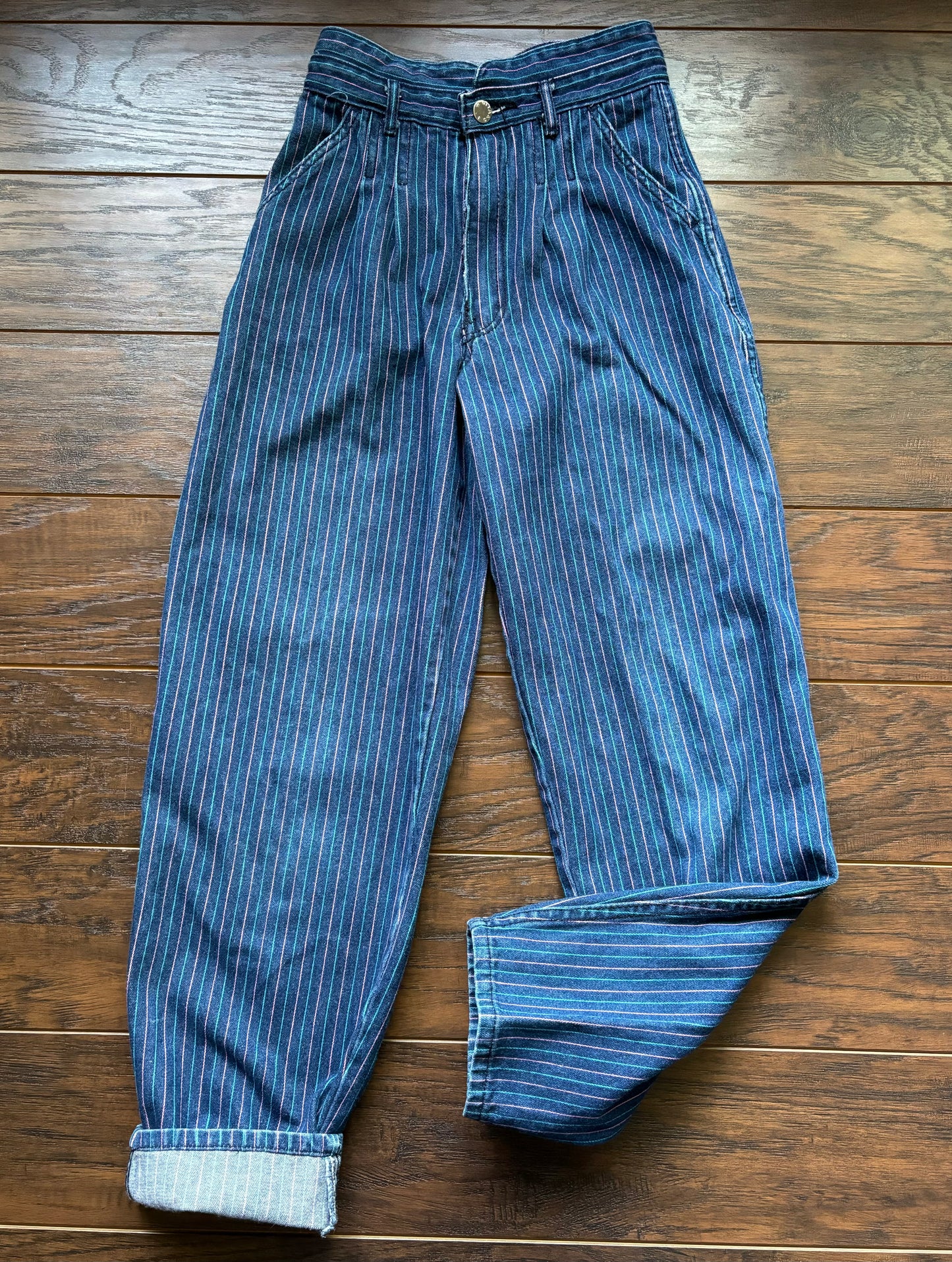 80’s Vintage Women’s Gitano Pink and Turquoise Pinstriped Jeans | Made in Hong Kong