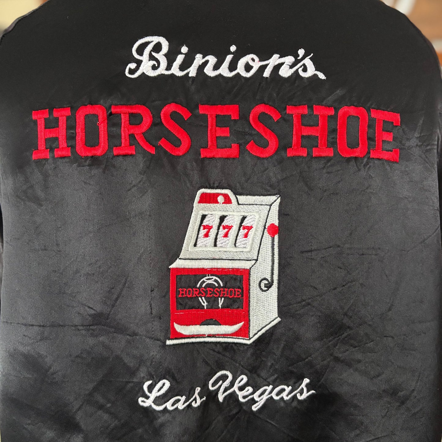 Vintage 80s/90s Las Vegas Horseshoe Casino Satin Bomber Jacket Embroidered Souvenir Black Zip Vegas Gambling