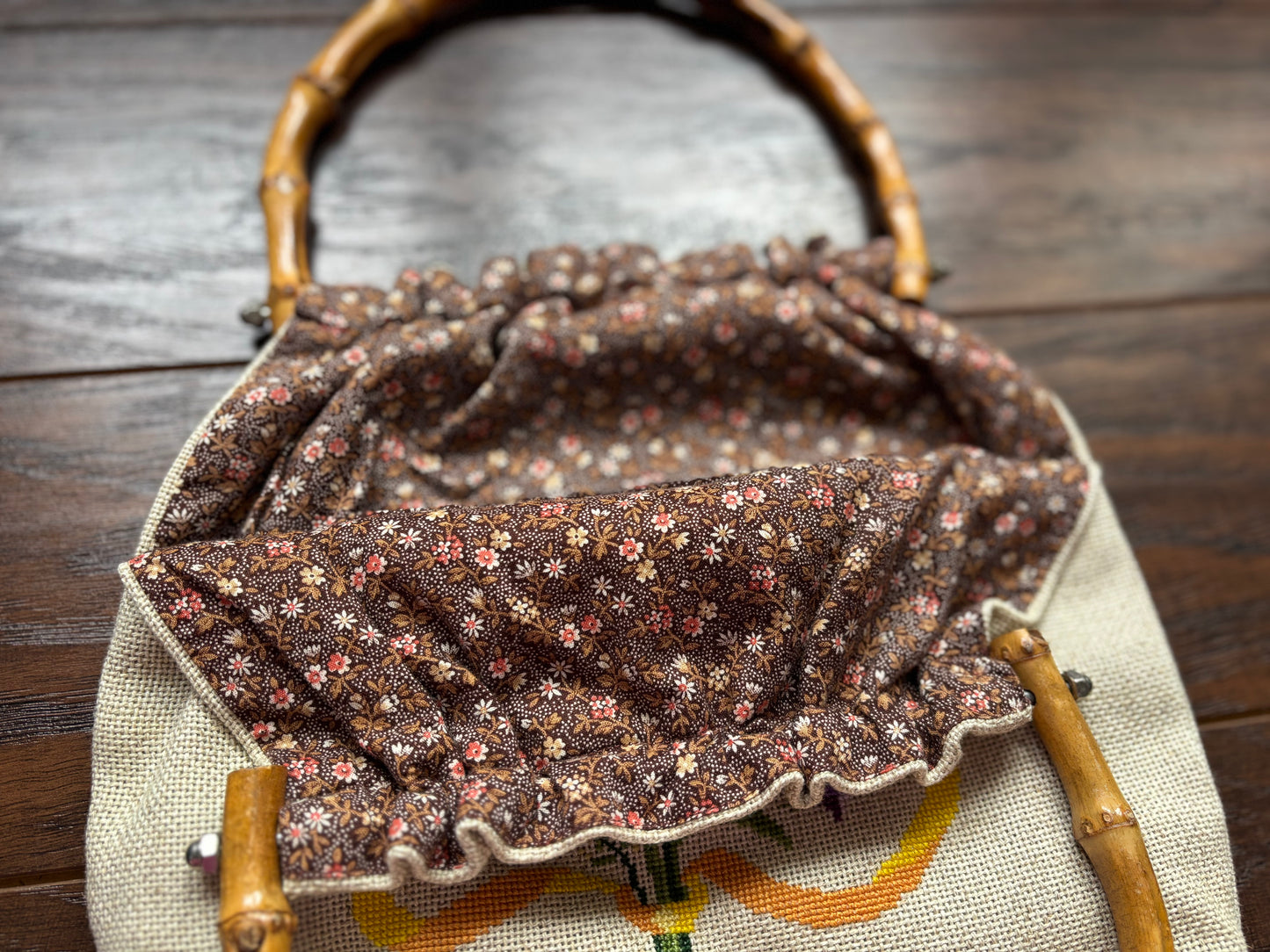70’s Vintage Floral Embroidered Handbag with Bamboo Handles | Handmade