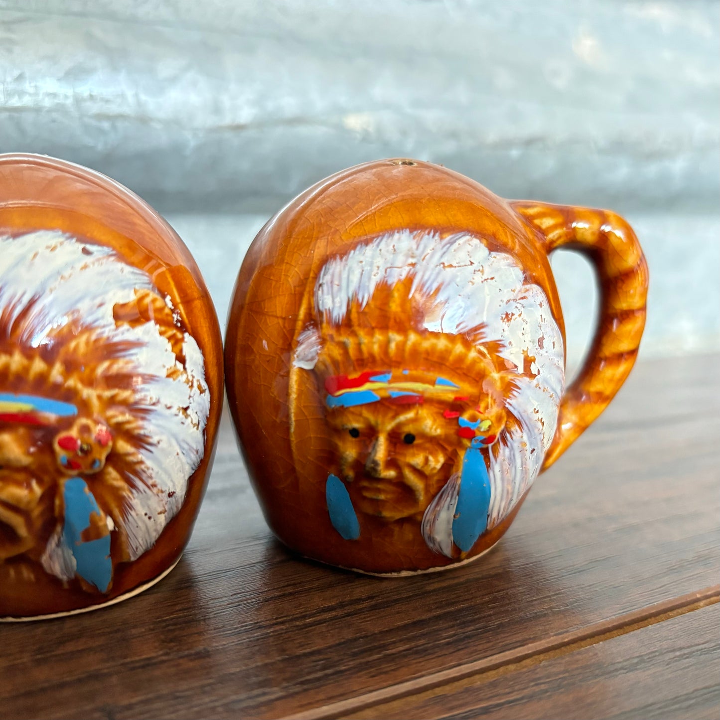 Vintage Golden Aspen Thriftco New Mexico Salt and Pepper Shakers with Indian Chief and Bull Made in Japan