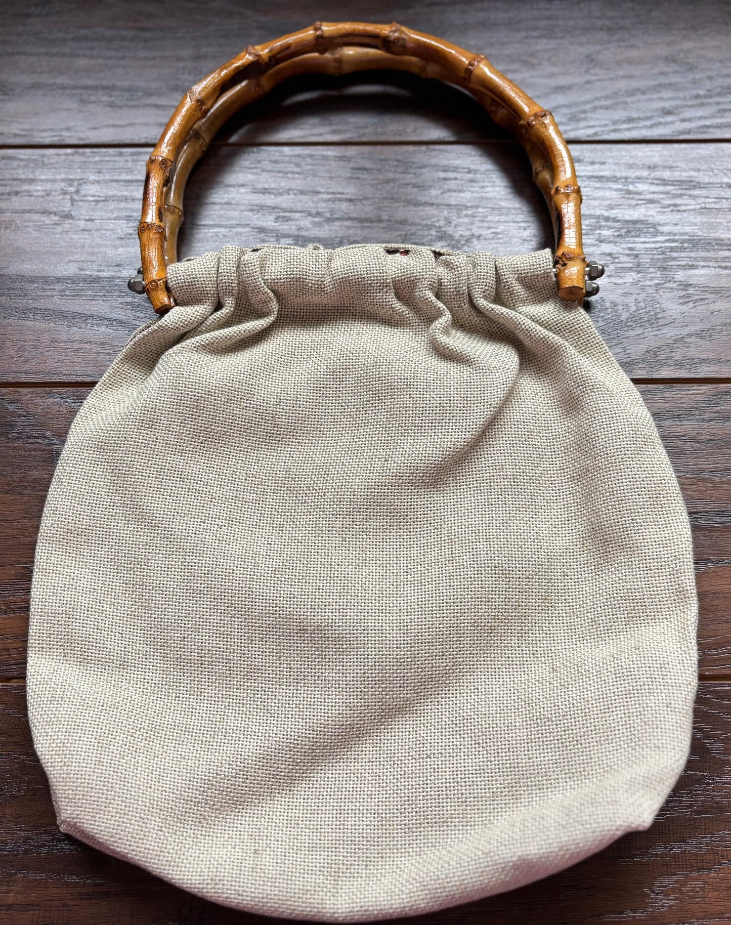 70’s Vintage Floral Embroidered Handbag with Bamboo Handles | Handmade