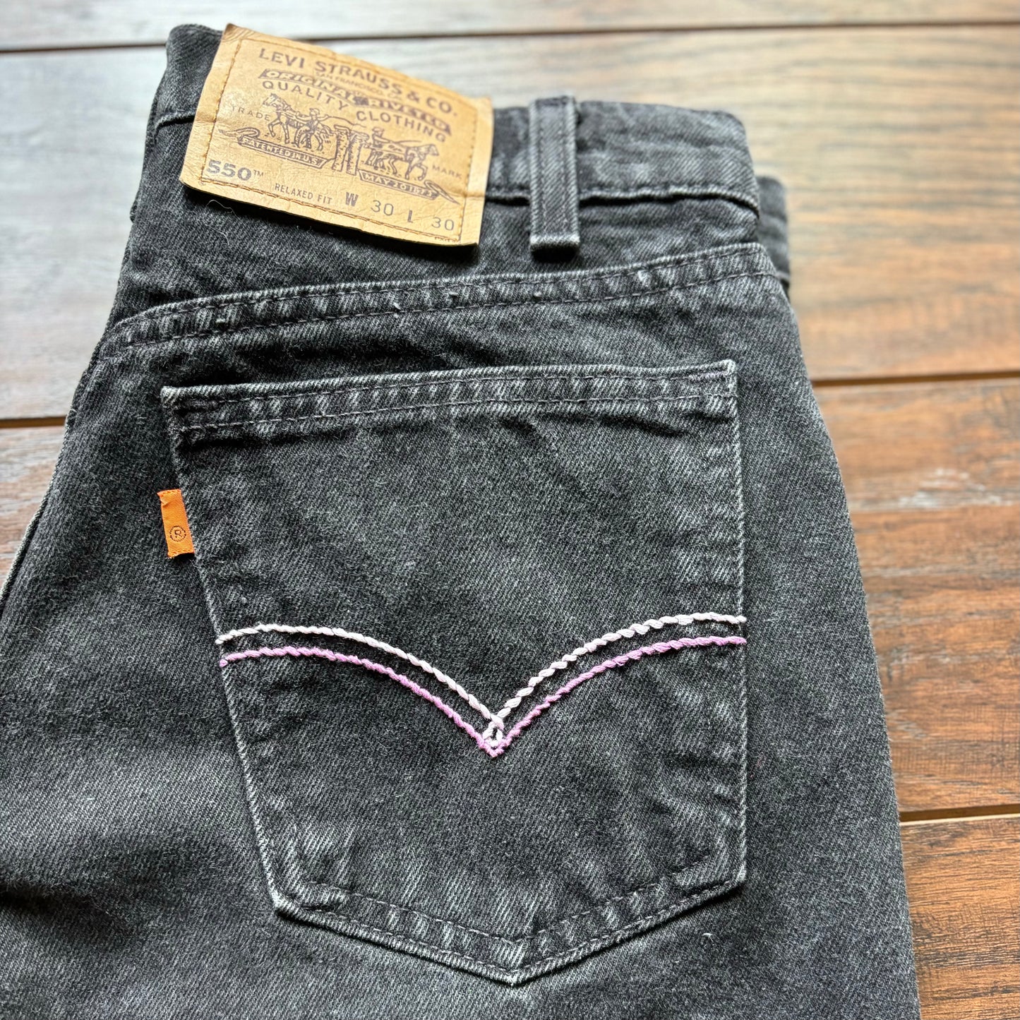 Vintage Western Black Levi’s 550 Orange Tab Jeans with Hand Embroidered Pockets | Made in USA